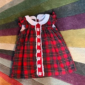 Christmas dress plaid Peter Pan collar ruffle sleeves Santa embroidery 3t